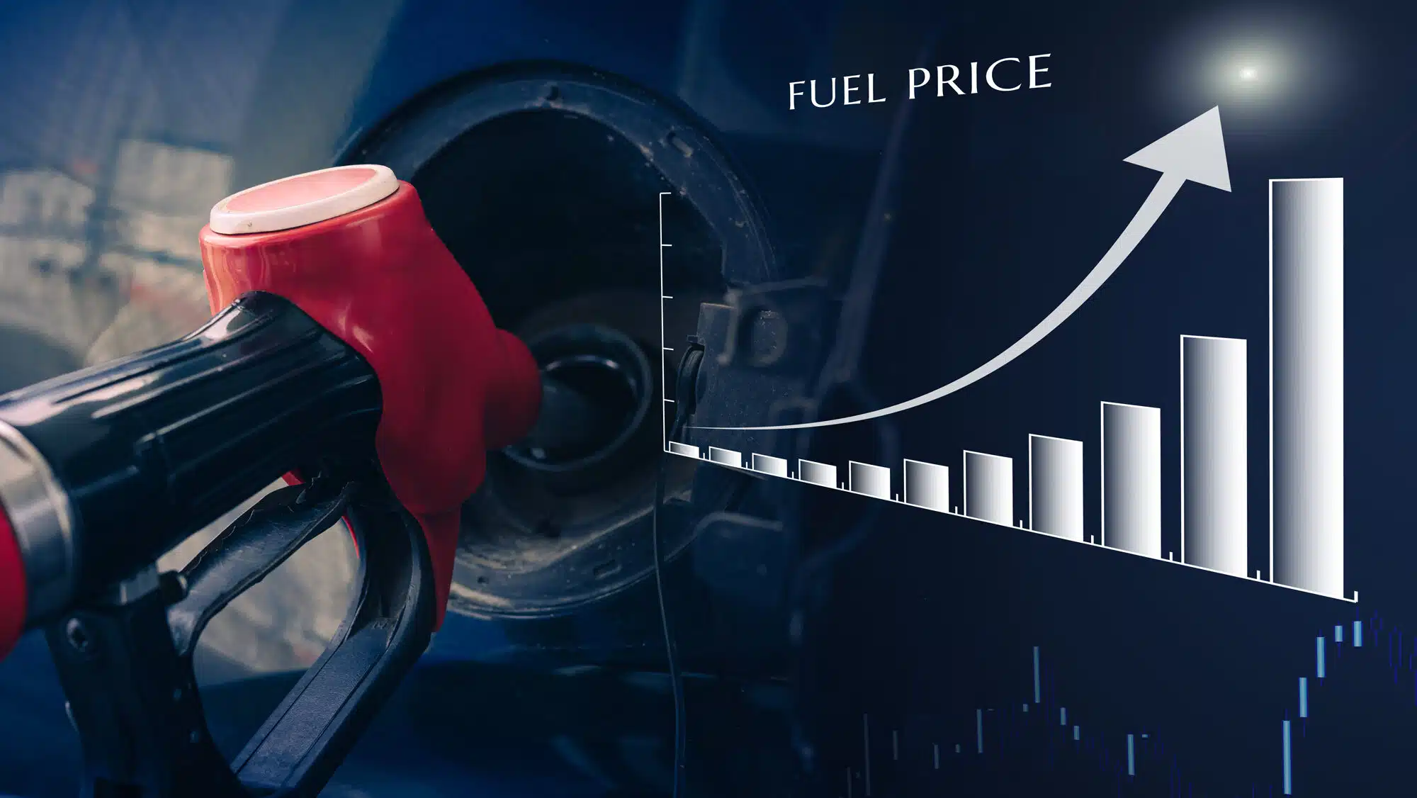 A graphic showing a fuel pump nozzle refuelling a vehicle alongside a rising "Fuel Price" bar chart, illustrating the pump-price impact of EU ETS2 carbon pricing on fossil diesel