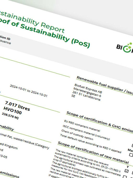 Eksempel på et Biofuel Express Proof of Sustainability-dokument som viser drivstoffvolum, HVO100-sertifiseringssystem og data om GHG-utslippsbesparelser