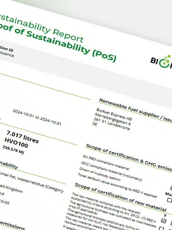 Example Biofuel Express Proof of Sustainability document showing fuel volume, HVO100 certification scheme, and GHG emissions-savings data