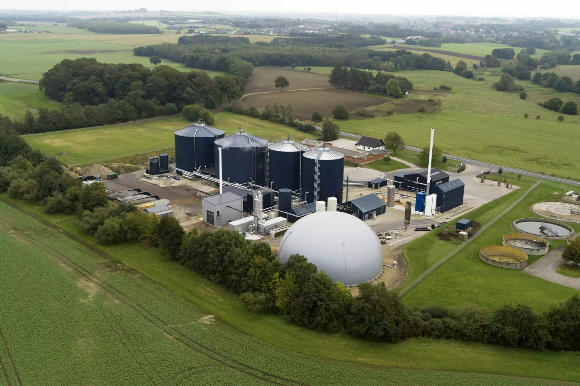 Aerial view of a biogas plant producing renewable biogas from waste