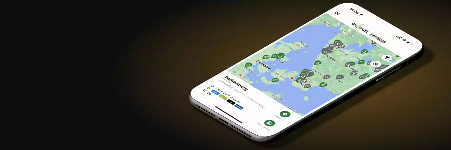 Smartphone displaying the Biofuel Express Fuel App station finder
