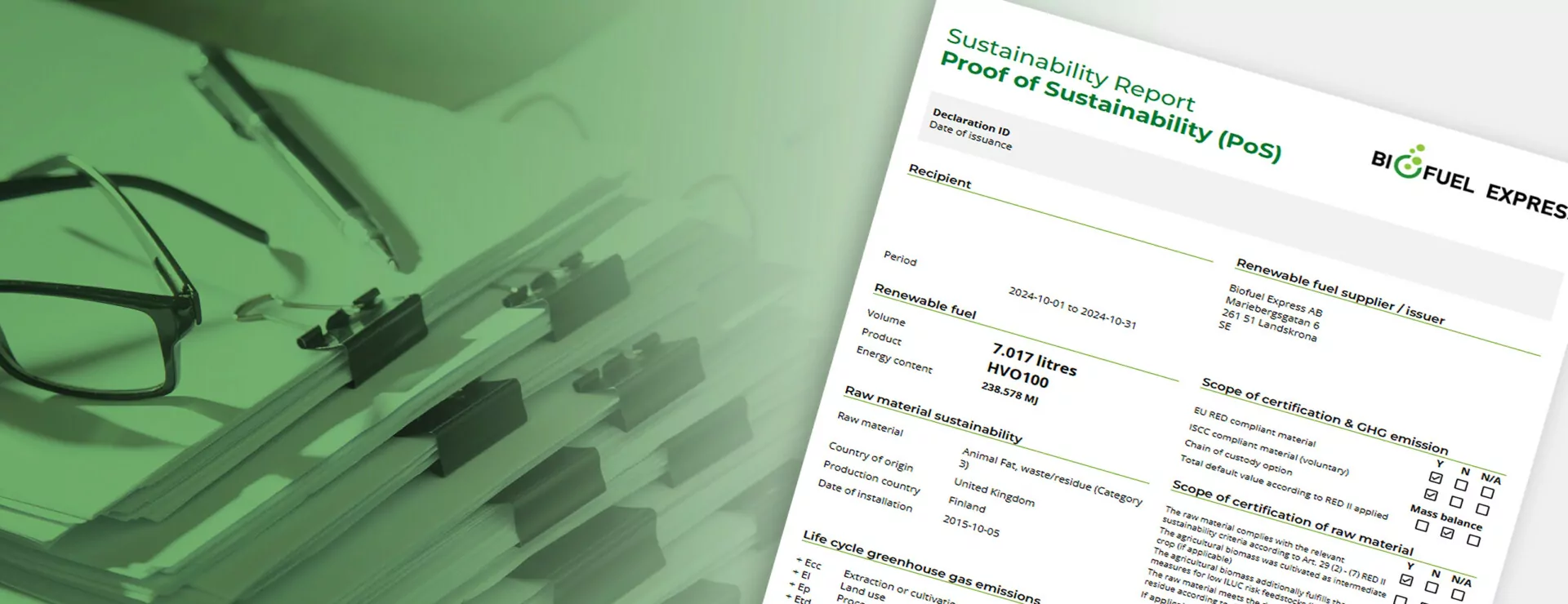 Example Biofuel Express Proof of Sustainability document showing fuel volume, HVO100 certification scheme, and GHG emissions-savings data
