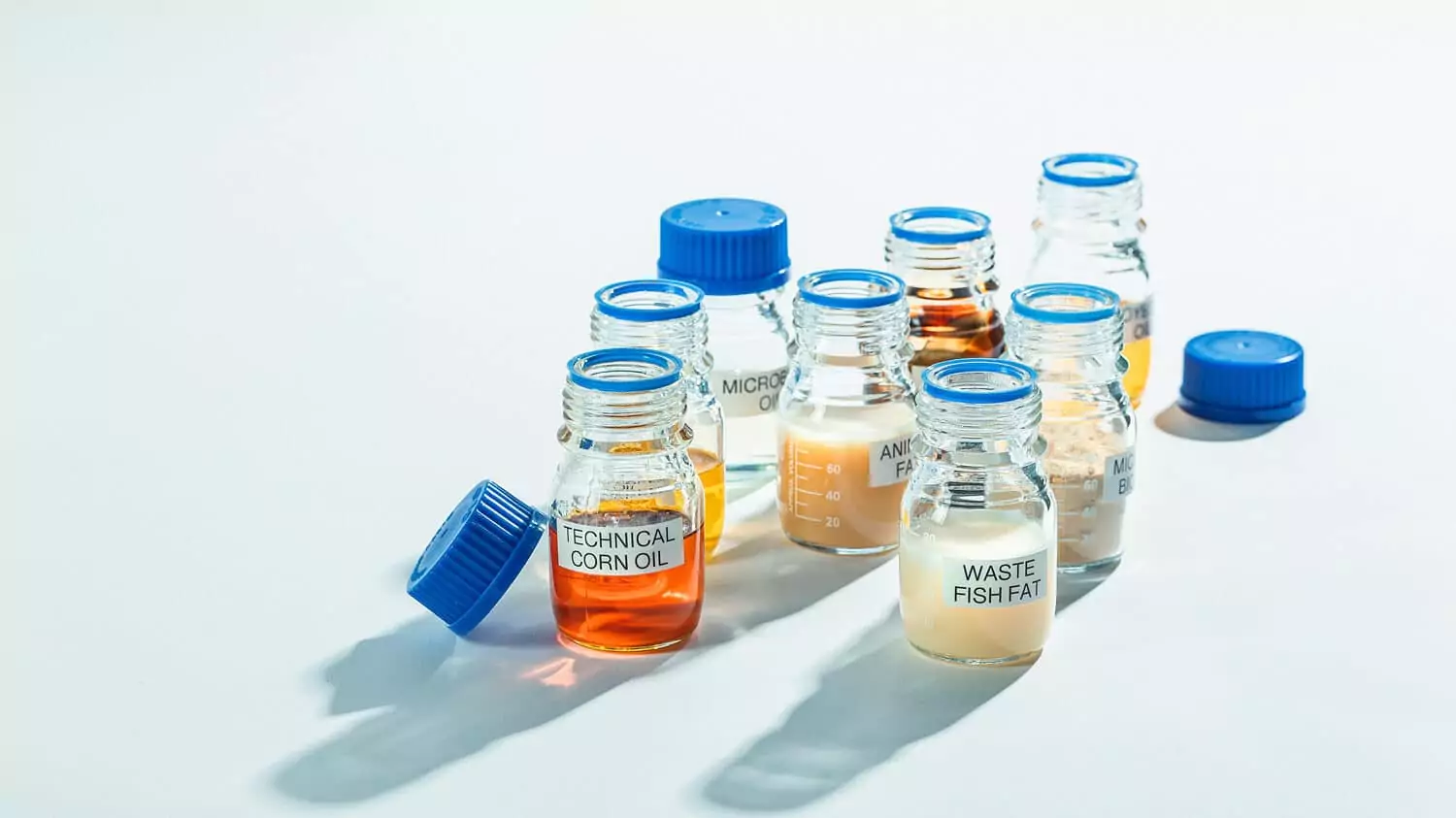 Glass sample bottles of different HVO100 feedstock types, including technical corn oil and waste fish fat, illustrating the range of waste and residue oils used in renewable diesel production