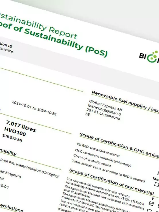Example Biofuel Express Proof of Sustainability document showing fuel volume, HVO100 certification scheme, and GHG emissions-savings data